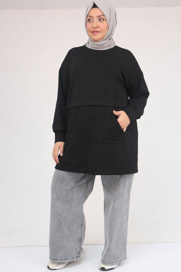 58133 Büyük Beden Kanguru Cepli Modal Tunik - Siyah - 1