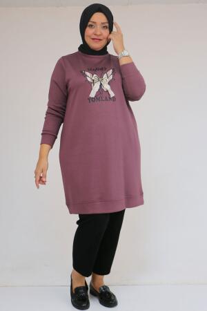 58145 Büyük Beden Kelebek Baskılı Modal Tunik - Gül Kurusu - 