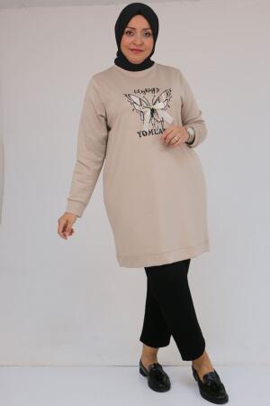 58145 Büyük Beden Kelebek Baskılı Modal Tunik - Vizon - 