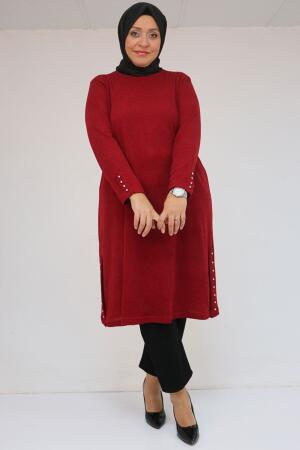 58146 Büyük Beden Kol Ve Yan Patları Taş Detaylı Mir Tunik - Bordo - 1