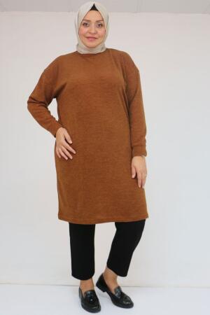 58148 Büyük Beden Düşük Kollu Mir Tunik - Taba - 1