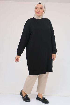58151 Büyük Beden Kol Ve Etek Ucu Kendinden Ribanalı Modal Tunik - Siyah - 2