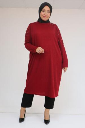 58152 Büyük Beden Düşükkol Omzu Taş Detaylı Mir Tunik - Bordo - 1