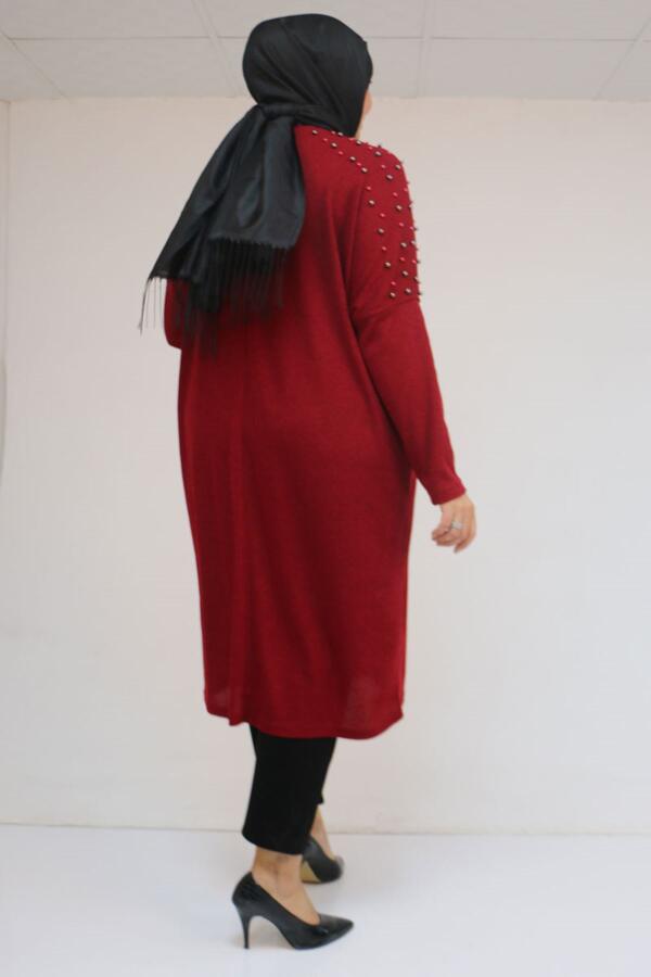 58152 Büyük Beden Düşükkol Omzu Taş Detaylı Mir Tunik - Bordo - 3