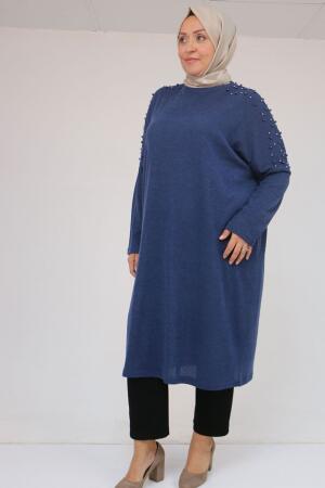 58152 Büyük Beden Düşükkol Omzu Taş Detaylı Mir Tunik - İndigo - 1