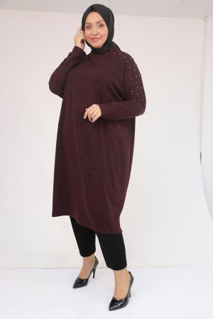 58152 Büyük Beden Düşükkol Omzu Taş Detaylı Mir Tunik - Mürdüm - 1