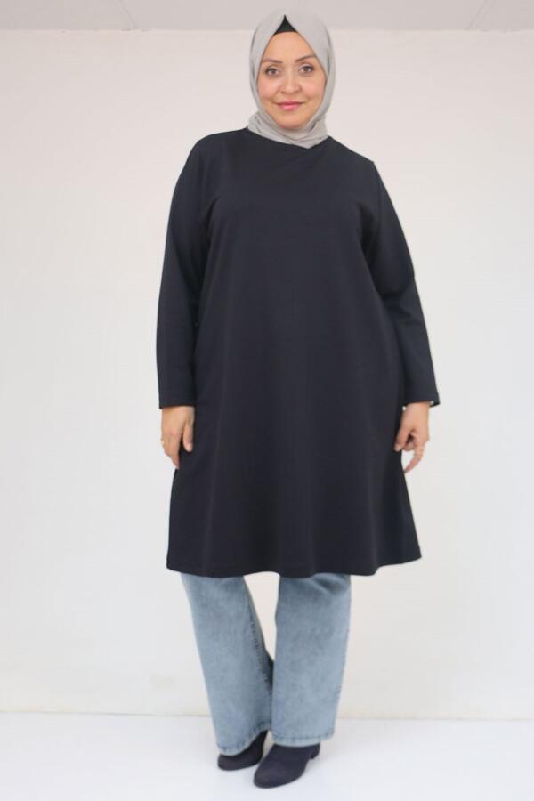 58154 Büyük Beden Yakası Biyeli İki İplik Tunik - Lacivert - 1