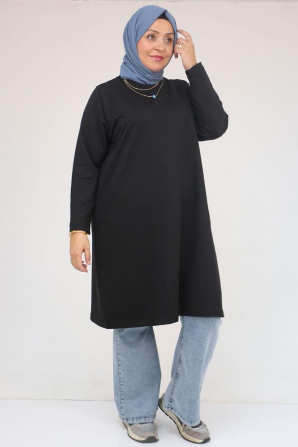 58154 Büyük Beden Yakası Biyeli İki İplik Tunik - Siyah - 1