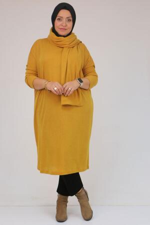 58158 Büyük Beden Atkı Modelli Mir Tunik - Hardal - 3