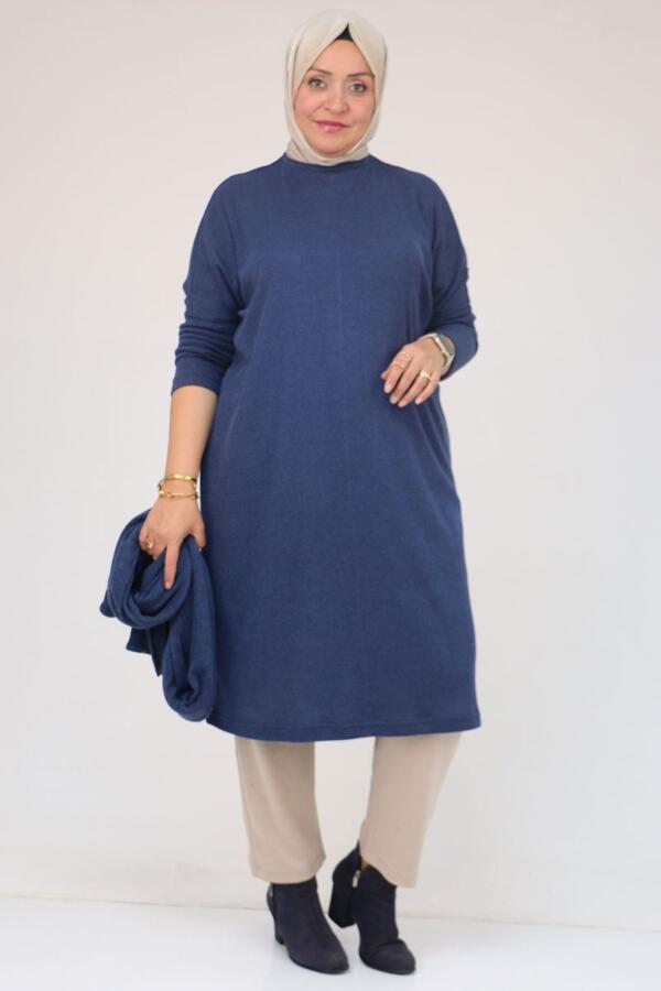 58158 Büyük Beden Atkı Modelli Mir Tunik - İndigo - 1