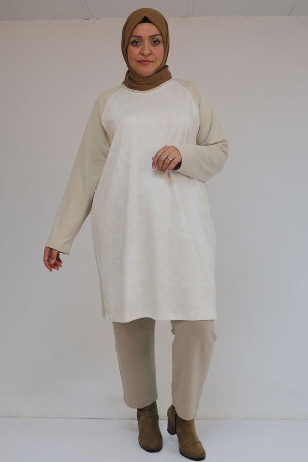 58162 Büyük Beden Garnili Modal Tunik - Bej - 1