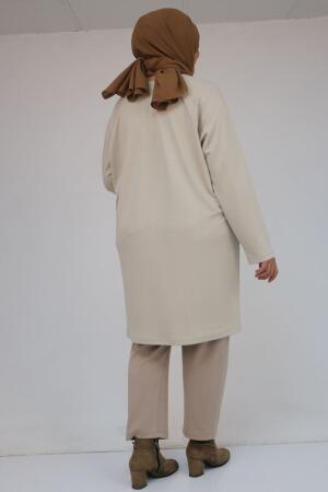 58162 Büyük Beden Garnili Modal Tunik - Bej - 3
