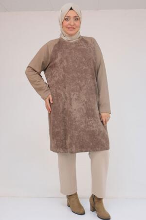 58162 Büyük Beden Garnili Modal Tunik - Vizon - 