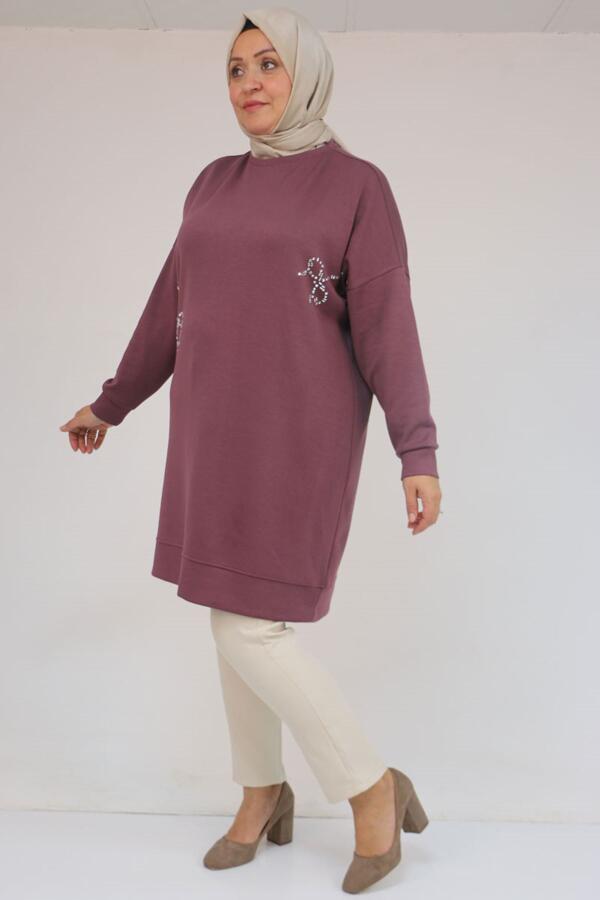 58165 Büyük Beden Taş Baskı Detaylı Modal Tunik - Gül Kurusu - 2