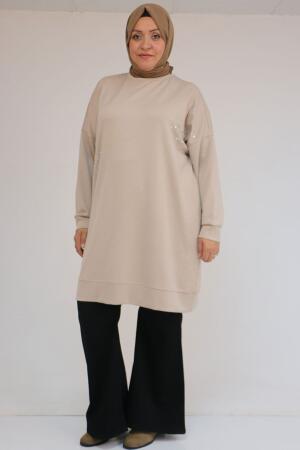 58165 Büyük Beden Taş Baskı Detaylı Modal Tunik - Vizon - 