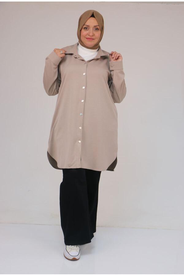 58168 Büyük Beden Erkek Yakalı Çıtçıtlı Modal Tunik - Bej - 1