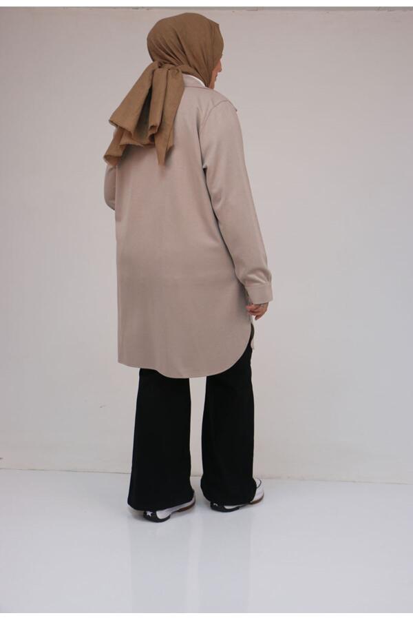 58168 Büyük Beden Erkek Yakalı Çıtçıtlı Modal Tunik - Bej - 3