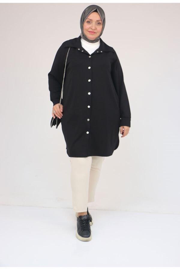 58168 Büyük Beden Erkek Yakalı Çıtçıtlı Modal Tunik - Siyah - 1