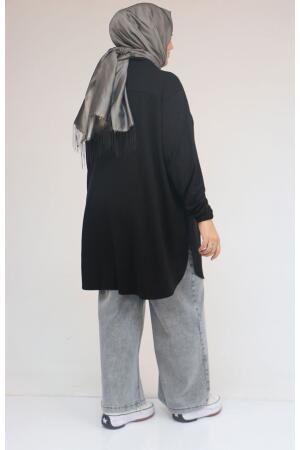 58169 Büyük Beden Hakim Yaka Çıtçıtlı Modal Tunik - Siyah - 3