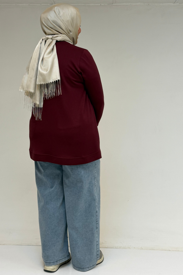 58172 Büyük Beden Taş Baskı Detaylı Kristal Tunik - Bordo - 3