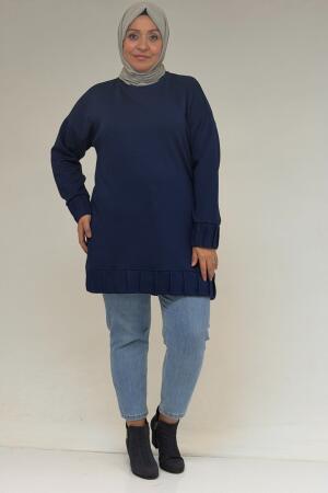 58173 Büyük Beden Çıma Detaylı Modal Tunik - İndigo - 