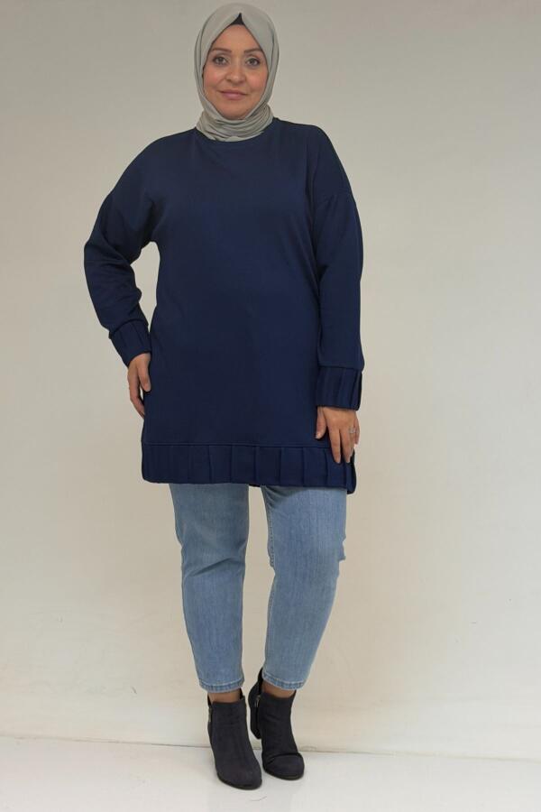 58173 Büyük Beden Çıma Detaylı Modal Tunik - İndigo - 1