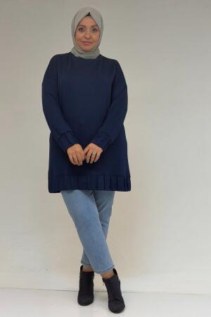 58173 Büyük Beden Çıma Detaylı Modal Tunik - İndigo - (1)