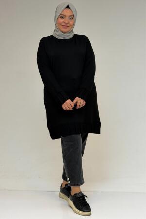 58173 Büyük Beden Çıma Detaylı Modal Tunik - Siyah - 