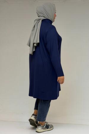 58175 Büyük Beden Boğazlı Yaka Basic Penye Tunik - İndigo - (1)