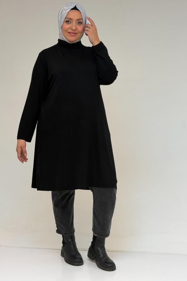 58175 Büyük Beden Boğazlı Yaka Basic Penye Tunik - Siyah - 1