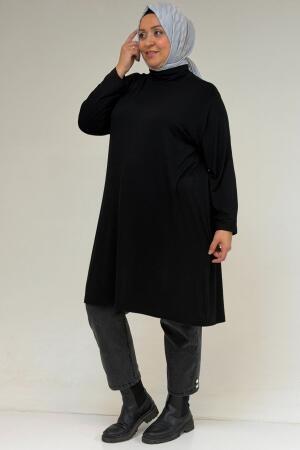 58175 Büyük Beden Boğazlı Yaka Basic Penye Tunik - Siyah - (1)