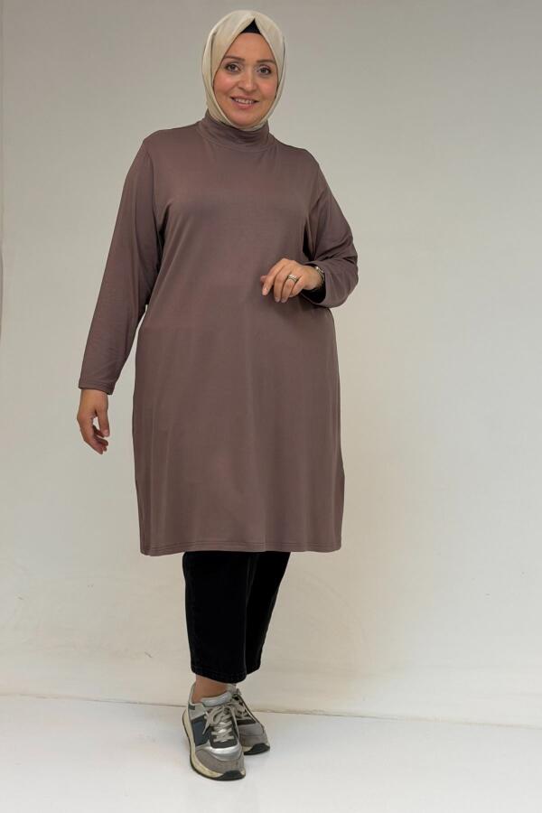 58175 Büyük Beden Boğazlı Yaka Basic Penye Tunik - Vizon - 1