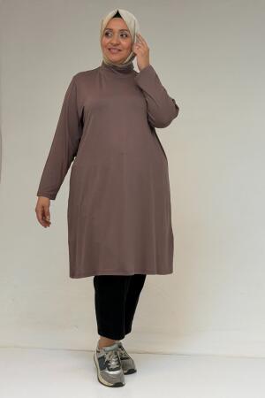 58175 Büyük Beden Boğazlı Yaka Basic Penye Tunik - Vizon - (1)