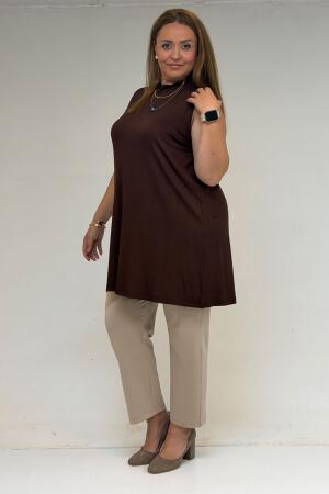 58501 Büyük Beden Hakim Yakalı Penye İçlik - Kahve - 