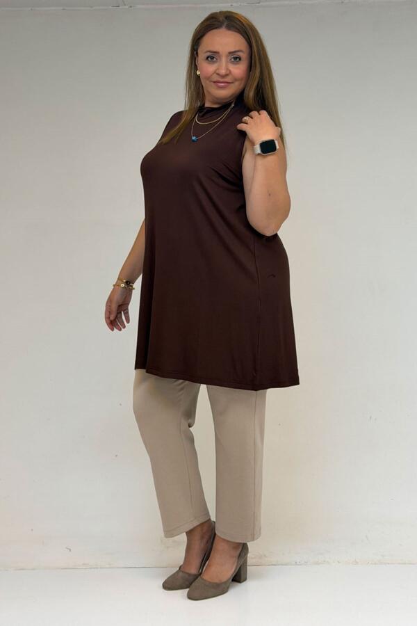 58501 Büyük Beden Hakim Yakalı Penye İçlik - Kahve - 1
