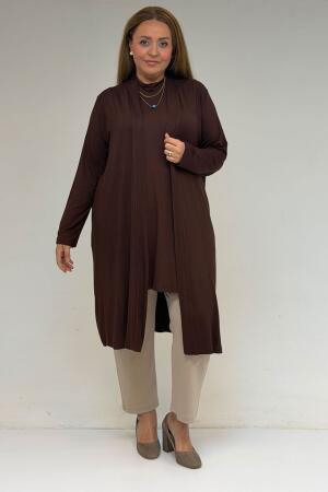 58501 Büyük Beden Hakim Yakalı Penye İçlik - Kahve - 3