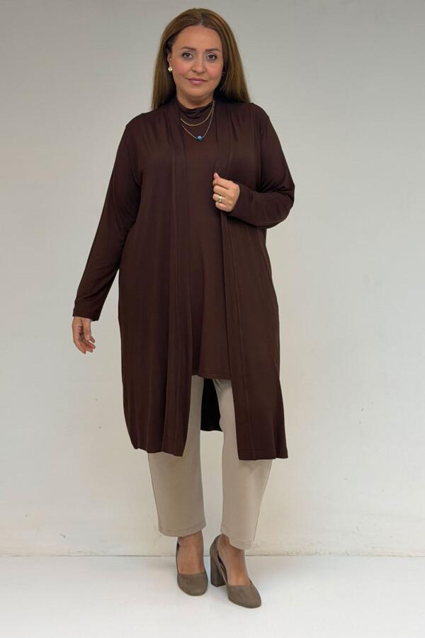 58501 Büyük Beden Hakim Yakalı Penye İçlik - Kahve - 3