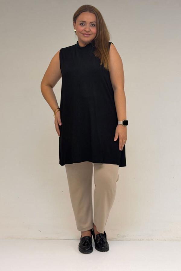 58501 Büyük Beden Hakim Yakalı Penye İçlik - Siyah - 1