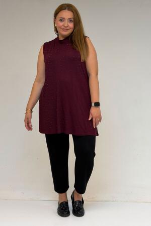 58506 Büyük Beden Taş Baskılı Penye İçlik - Bordo - 