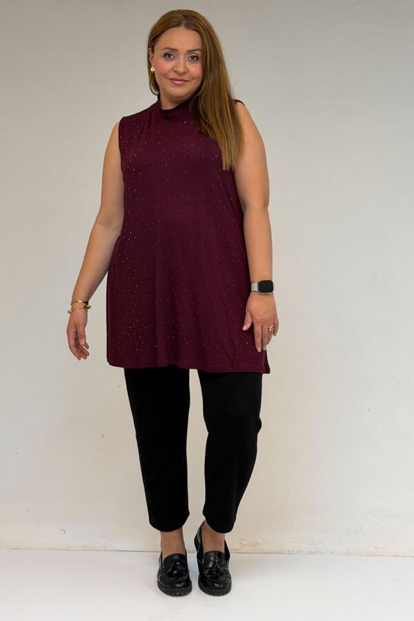 58506 Büyük Beden Taş Baskılı Penye İçlik - Bordo - 1