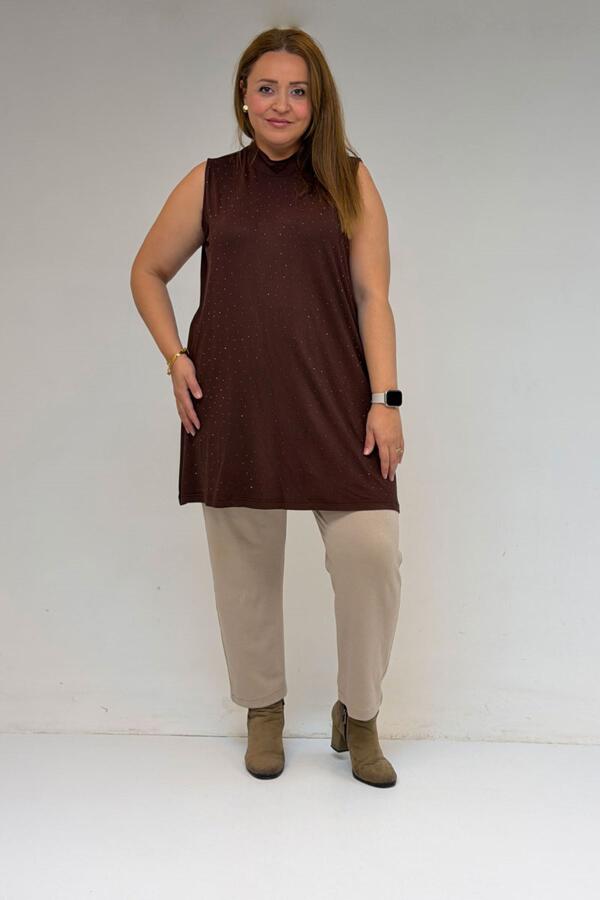 58506 Büyük Beden Taş Baskılı Penye İçlik - Kahve - 1