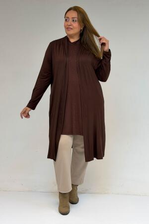 58506 Büyük Beden Taş Baskılı Penye İçlik - Kahve - 3