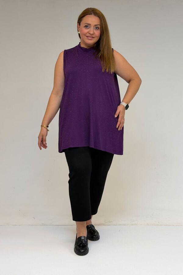 58506 Büyük Beden Taş Baskılı Penye İçlik - Mürdüm - 1