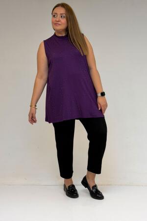 58506 Büyük Beden Taş Baskılı Penye İçlik - Mürdüm - (1)