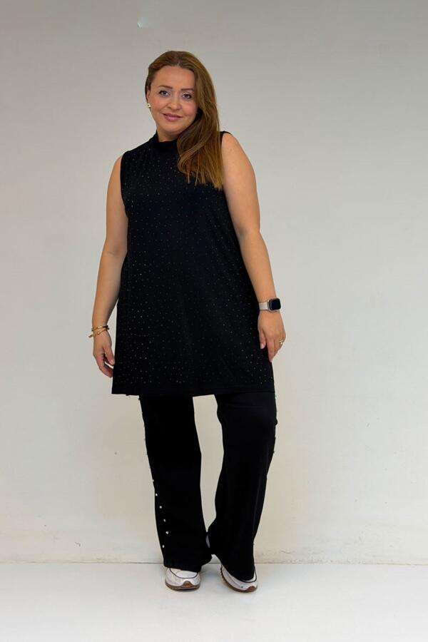 58506 Büyük Beden Taş Baskılı Penye İçlik - Siyah - 1