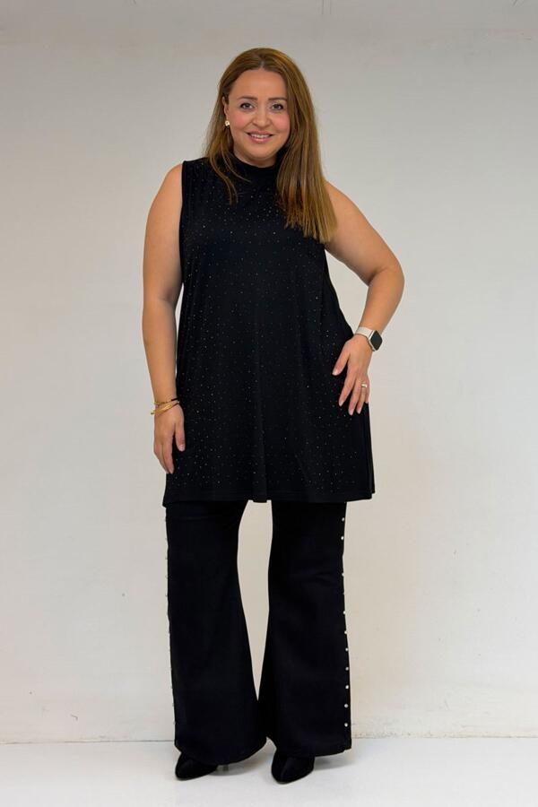 58506 Büyük Beden Taş Baskılı Penye İçlik - Siyah - 2