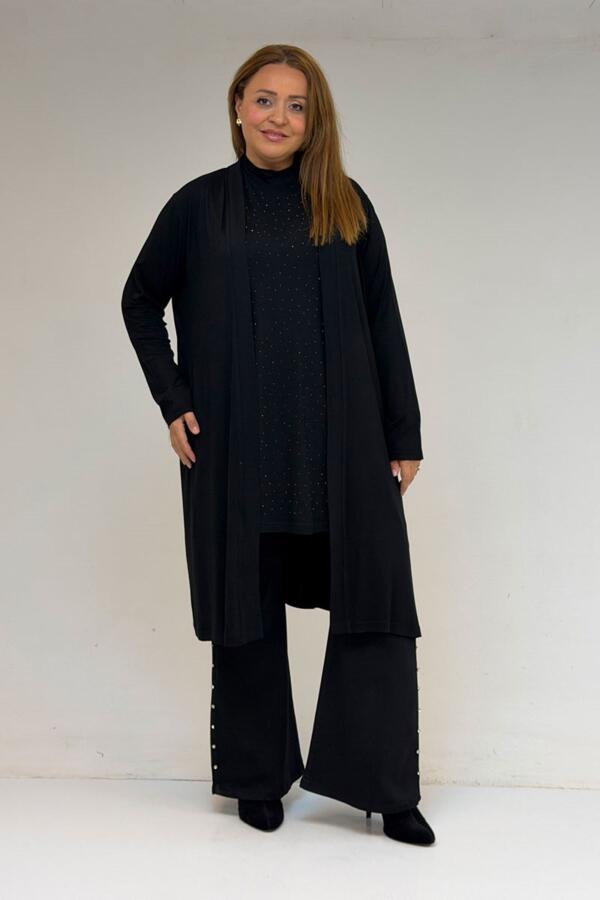 58506 Büyük Beden Taş Baskılı Penye İçlik - Siyah - 3