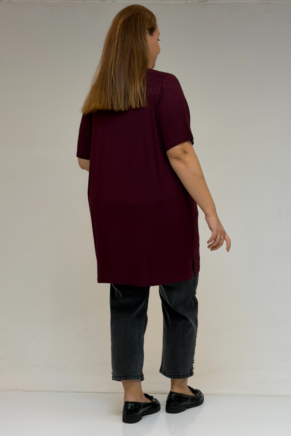 58507 Büyük Beden Yakası Biyeli Penye Tişört - Bordo - 3