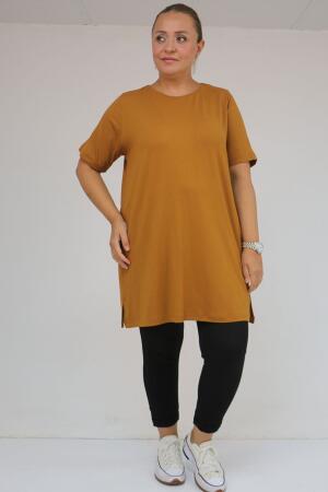 58507 Büyük Beden Yakası Biyeli Penye Tişört - Hardal - 