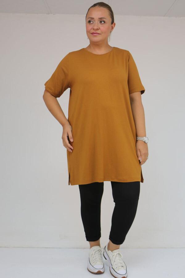 58507 Büyük Beden Yakası Biyeli Penye Tişört - Hardal - 1